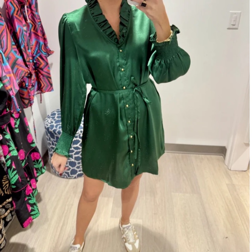 Mary George Eden Harper Dress Ruffled V-Neck Emerald Green Size XS